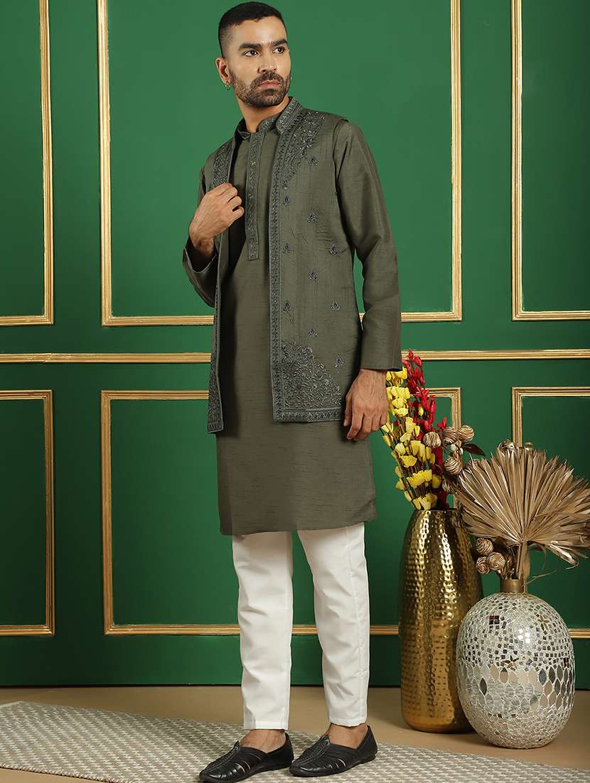 men mandarin neck kurta bottom with jacket ethnic wear set - 21524943 -  Standard Image - 1