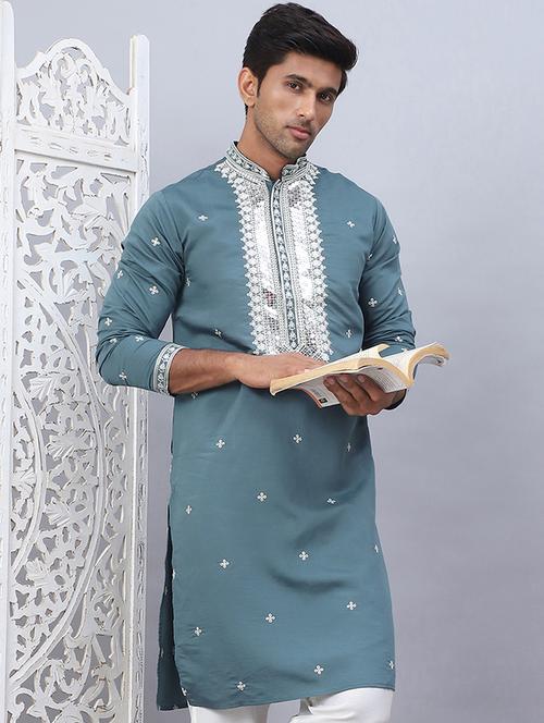 men embroidered mandarin neck long kurta - 21524964 - Standard Image - 0