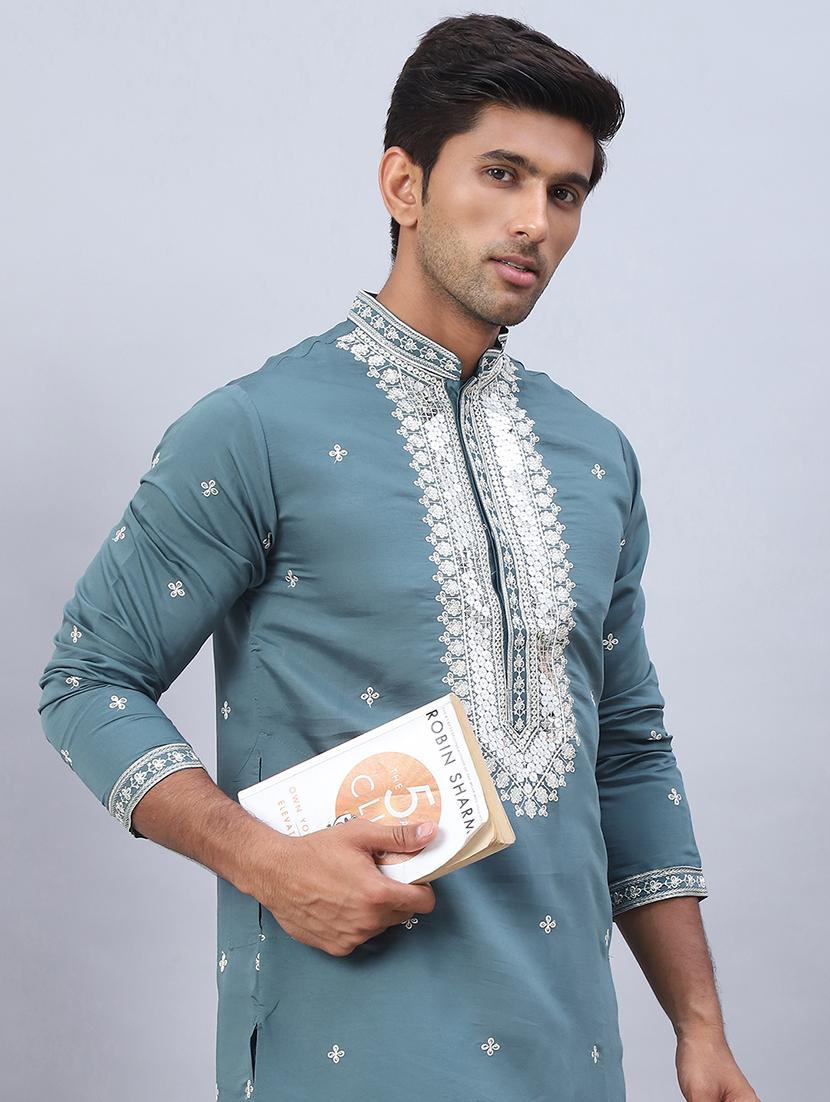men embroidered mandarin neck long kurta - 21524964 - Standard Image - 4