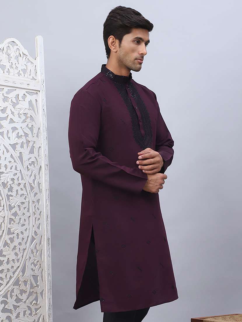 men long sleeve solid with work long kurta