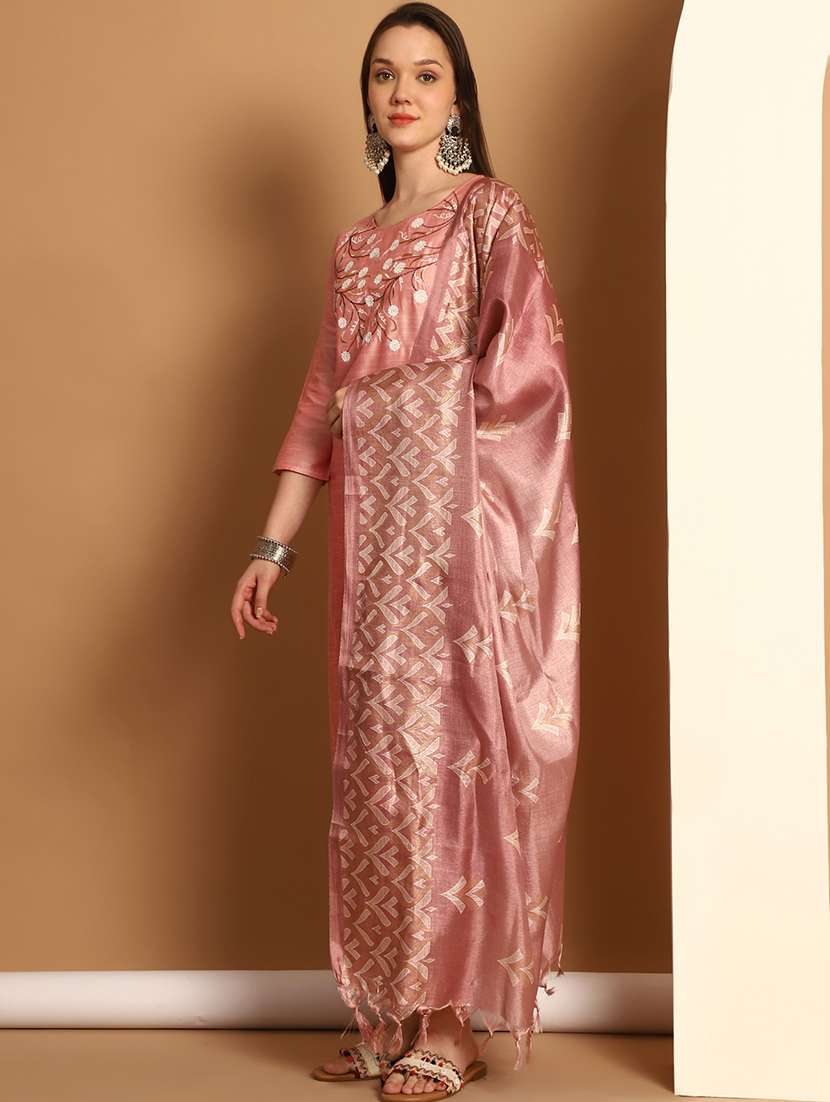 women three quarter sleeve embroidered suit set - 21525007 -  Standard Image - 1