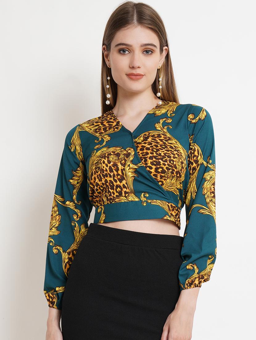 women printed overlap neck crop top - 21525045 - Zoom Image - 0