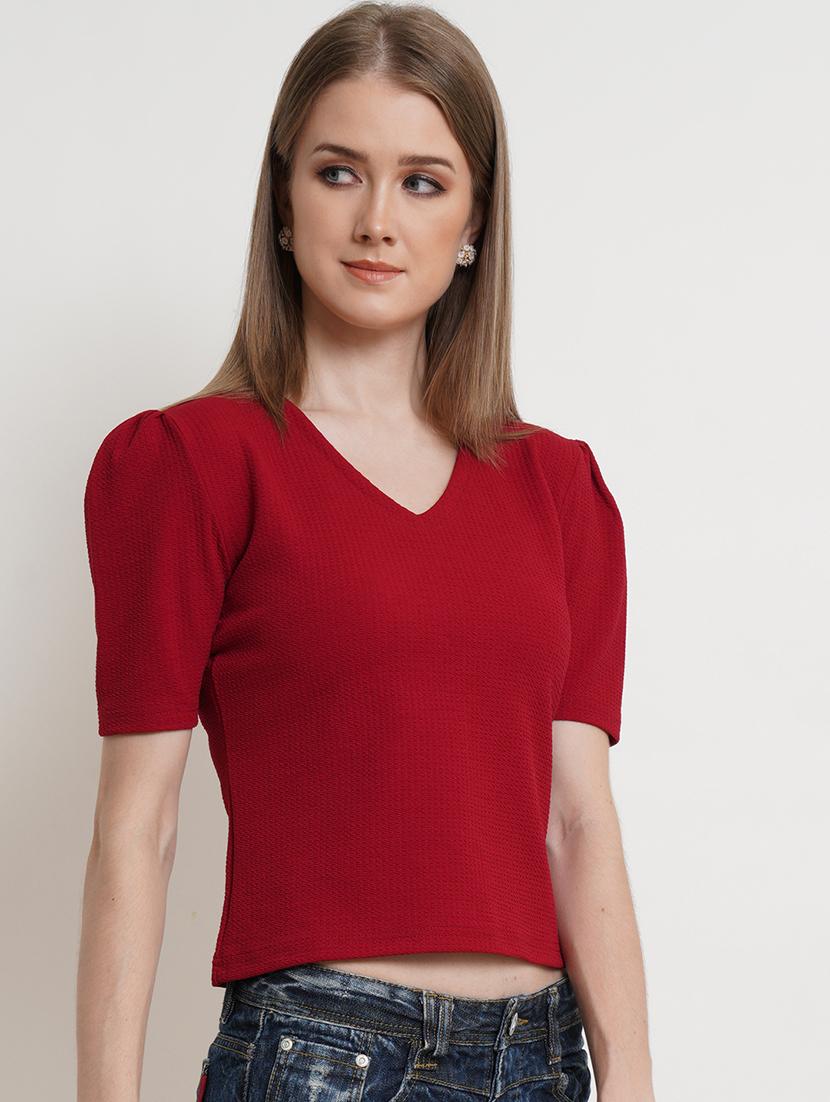 women solid v neck puff sleeves top - 21525052 - Standard Image - 1