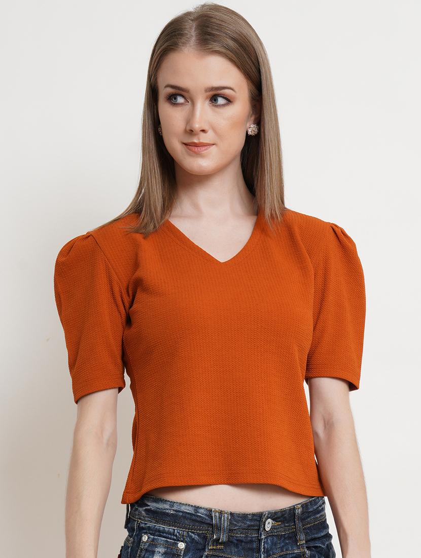 women solid v neck puff sleeves top - 21525057 - Standard Image - 1