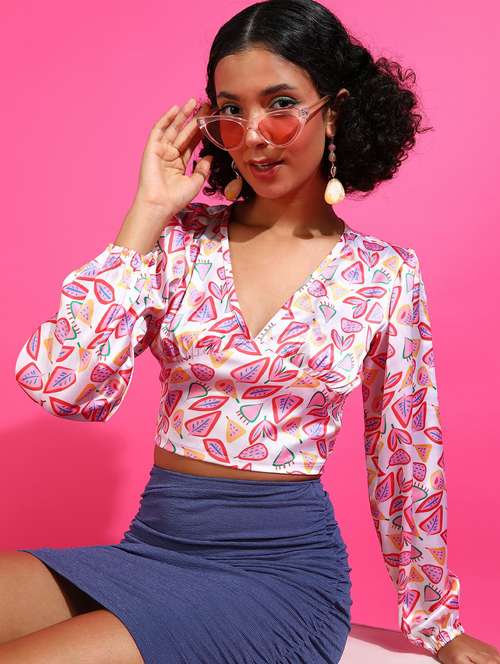 women printed long sleeves crop top - 21525148 - Standard Image - 0