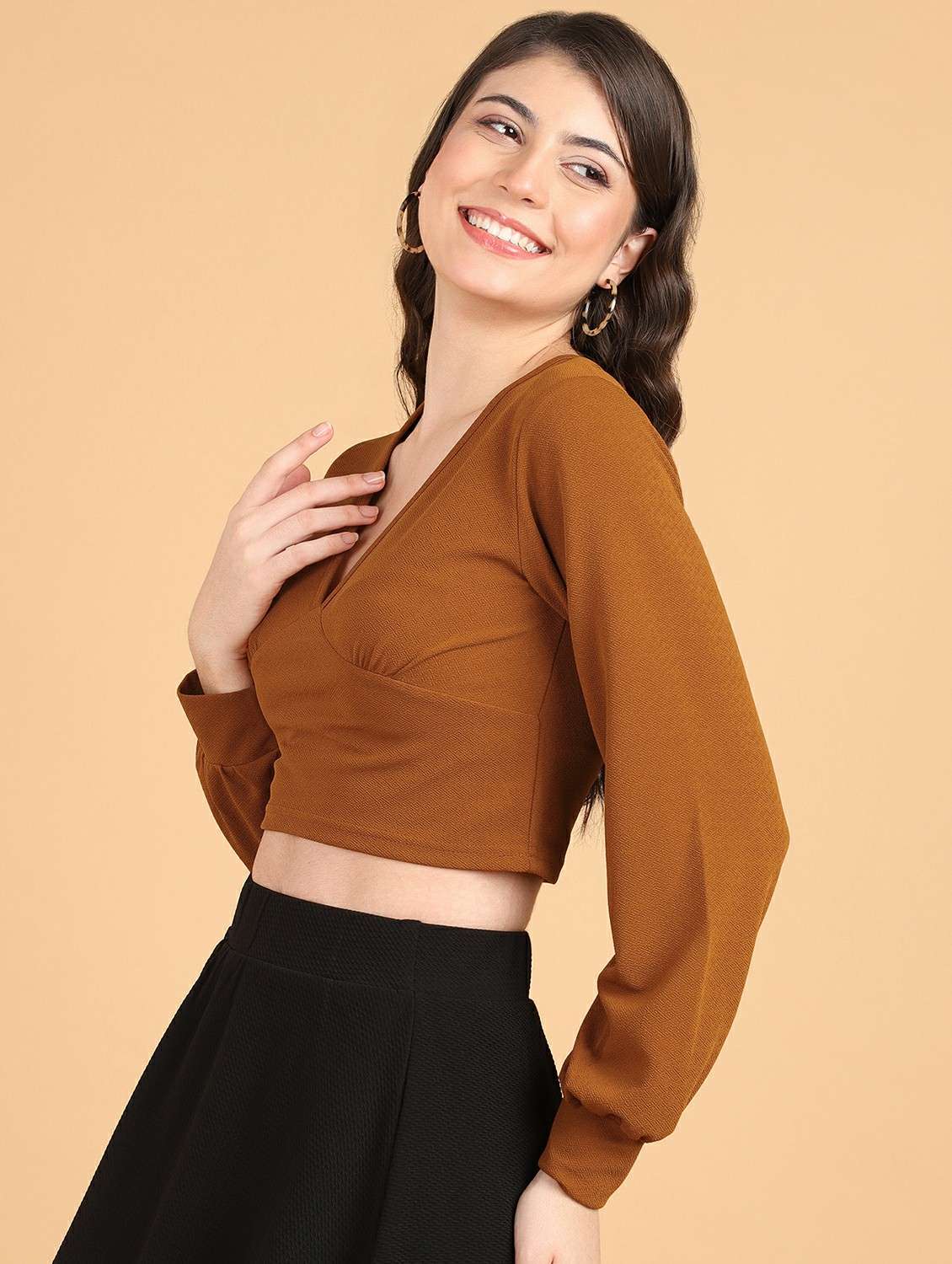 women solid long sleeves crop top - 21525157 -  Standard Image - 1