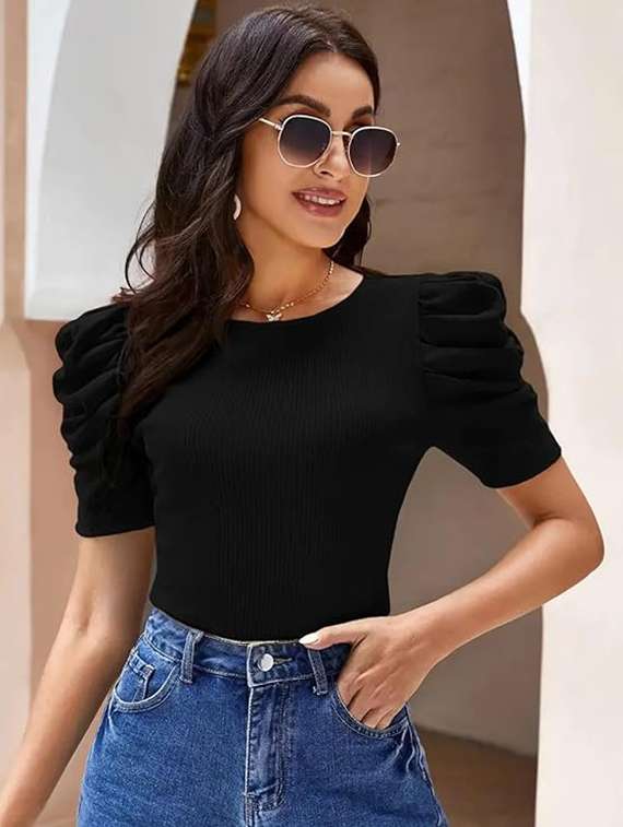 women solid round neck puff sleeves top - 21525198 -  Zoom Image - 0