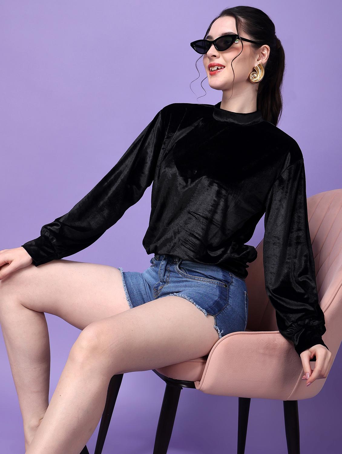 women solid mock neck long sleeves top - 21525219 - Standard Image - 4