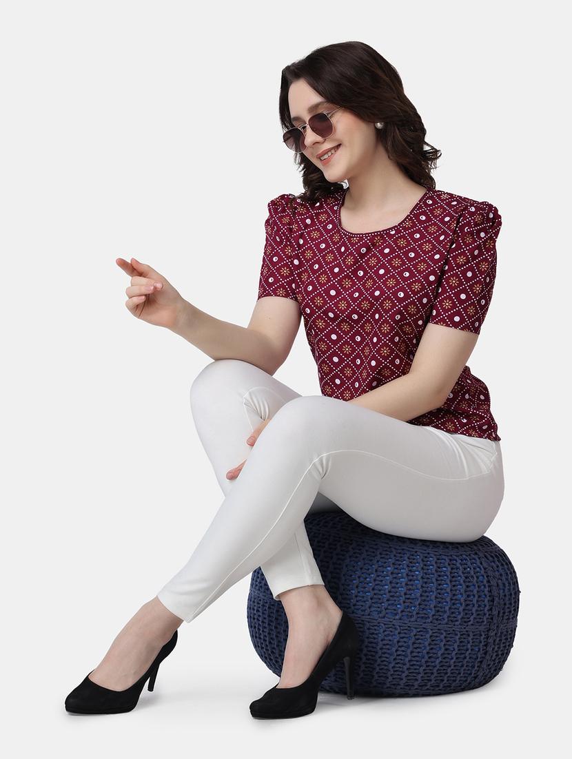 women printed round neck puff sleves op - 21525226 - Standard Image - 4