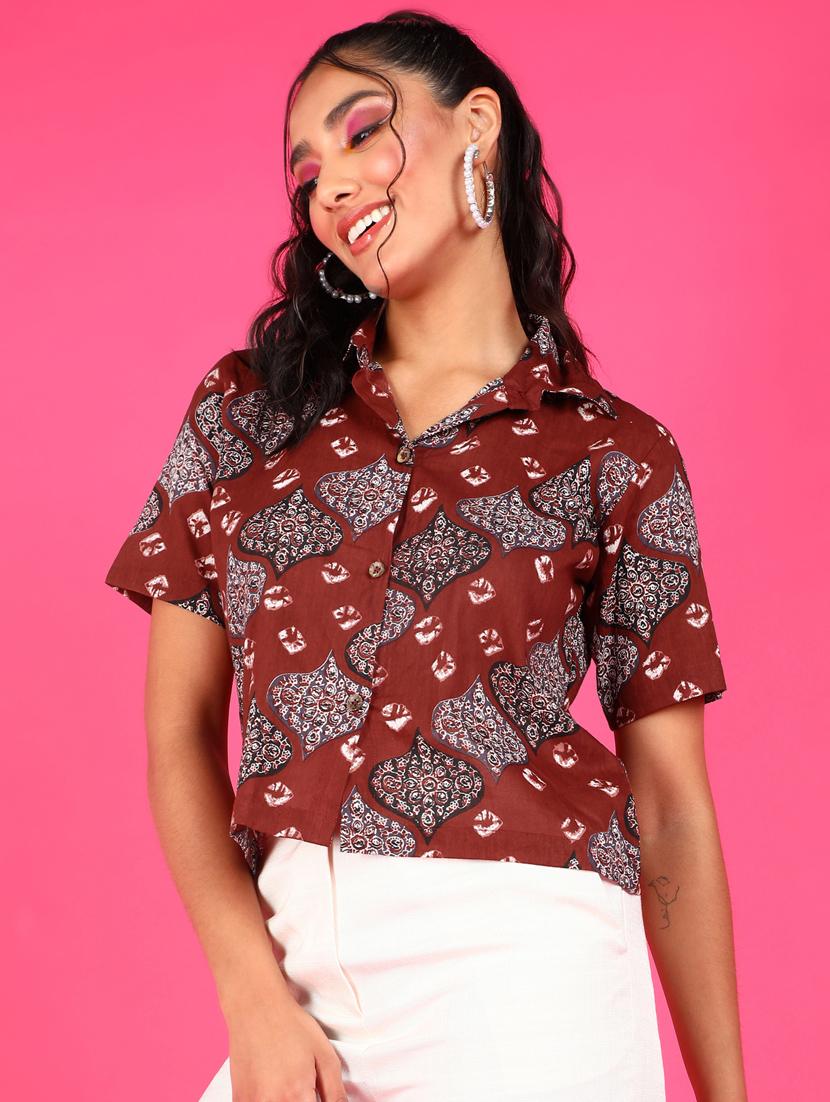 women printed collared short sleeves shirt - 21525761 - Standard Image - 1