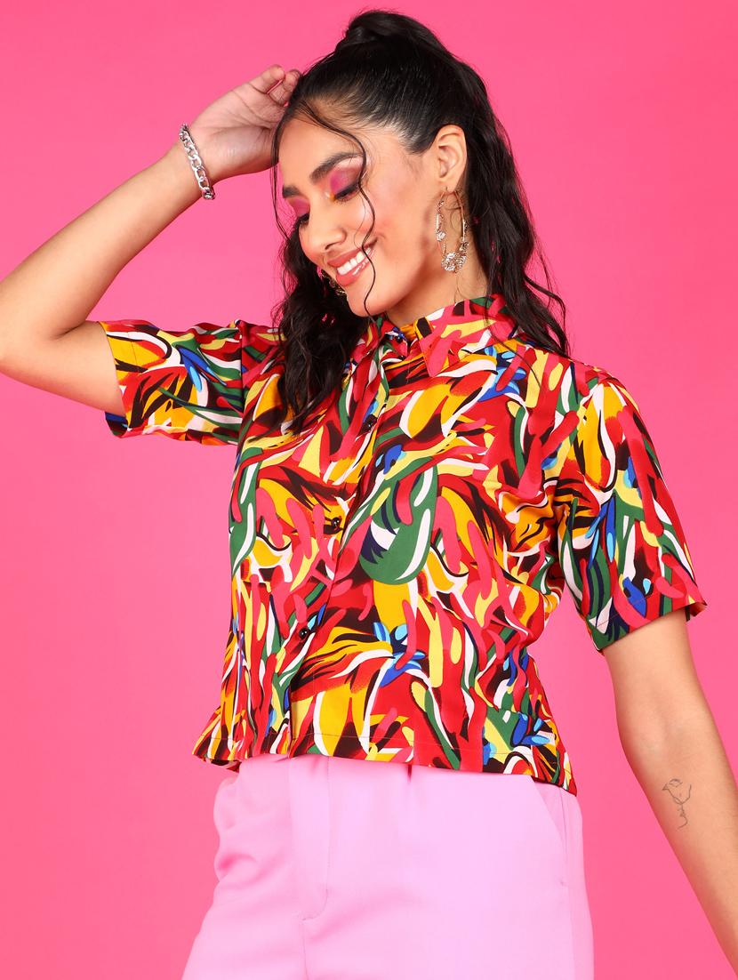 women printed collared short sleeves shirt - 21525764 - Standard Image - 1