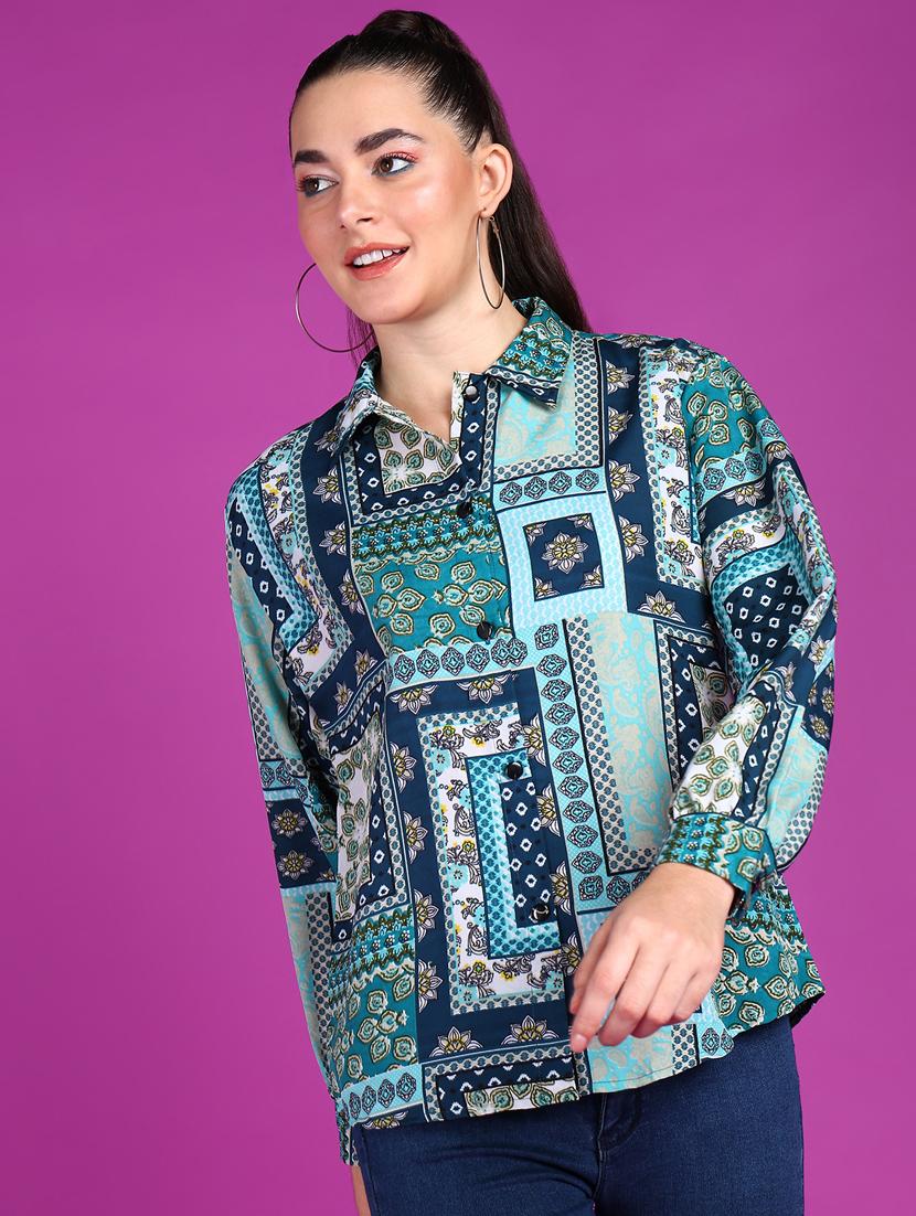 women printed collared long sleeves shirt - 21525784 - Zoom Image - 0