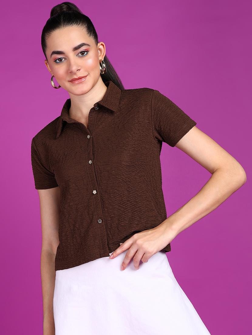 women solid collared short sleeves shirt - 21525787 -  Zoom Image - 0