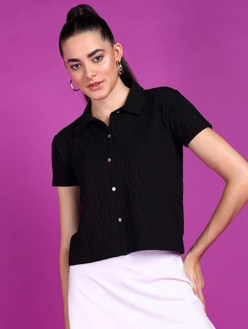women solid collared short sleeves shirt - 21525790 -  Standard Image - 0