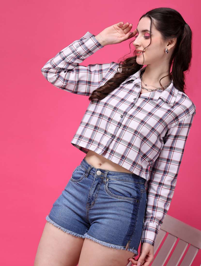 women checkered collared crop shirt - 21525801 -  Standard Image - 1