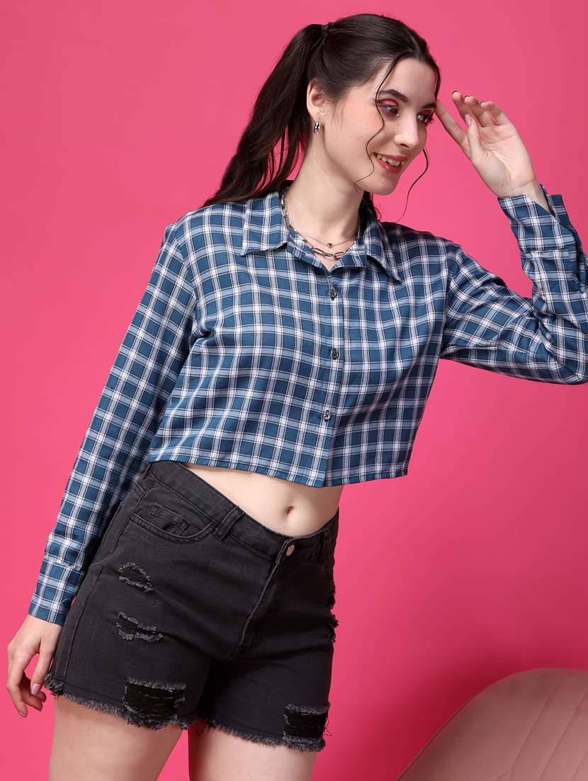 women checkered collared crop shirt - 21525802 -  Standard Image - 1