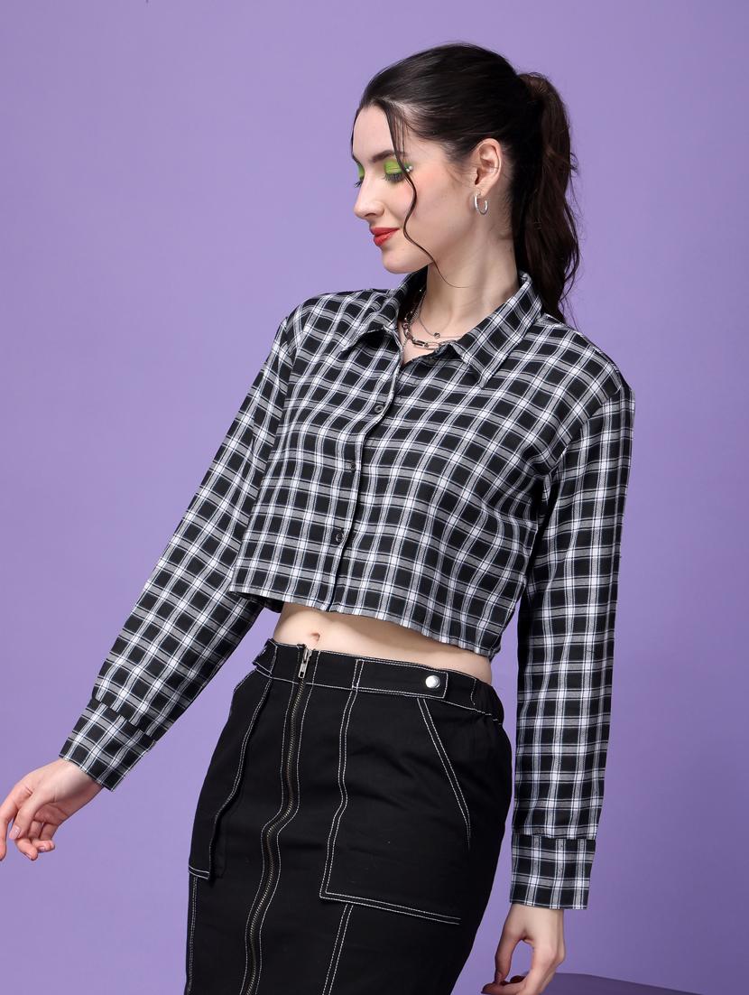 women checkered collared crop shirt - 21525803 - Standard Image - 1