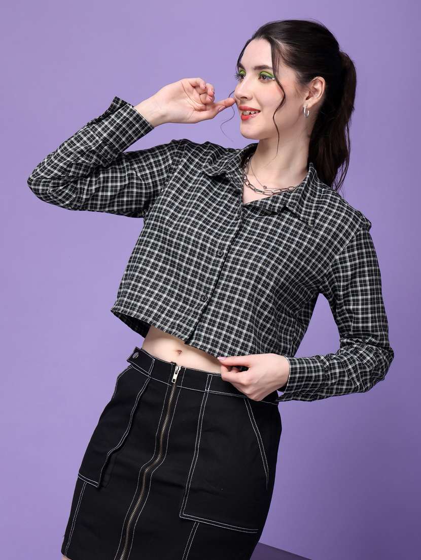 women checkered collared crop shirt - 21525804 -  Standard Image - 1