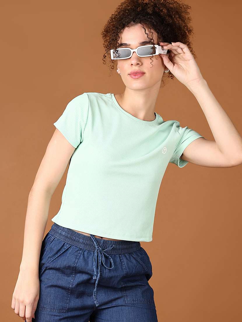 women solid round neck crop t-shirt - 21527386 -  Standard Image - 1