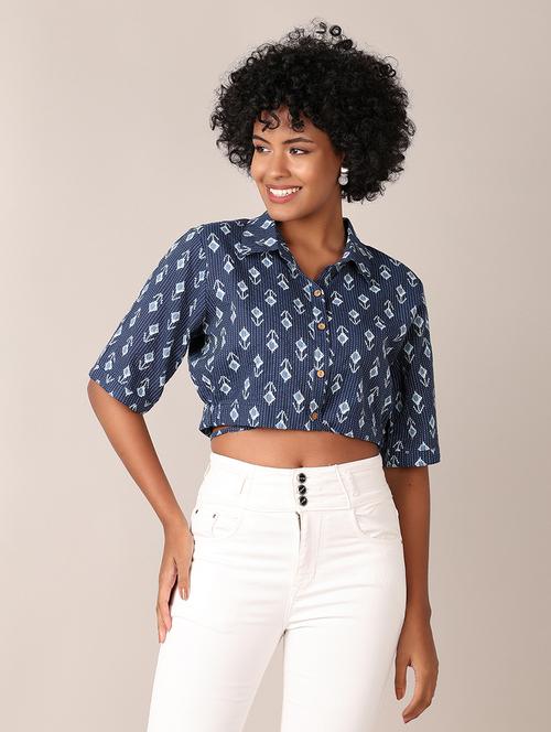 women printed collared crop top - 21527399 - Standard Image - 0
