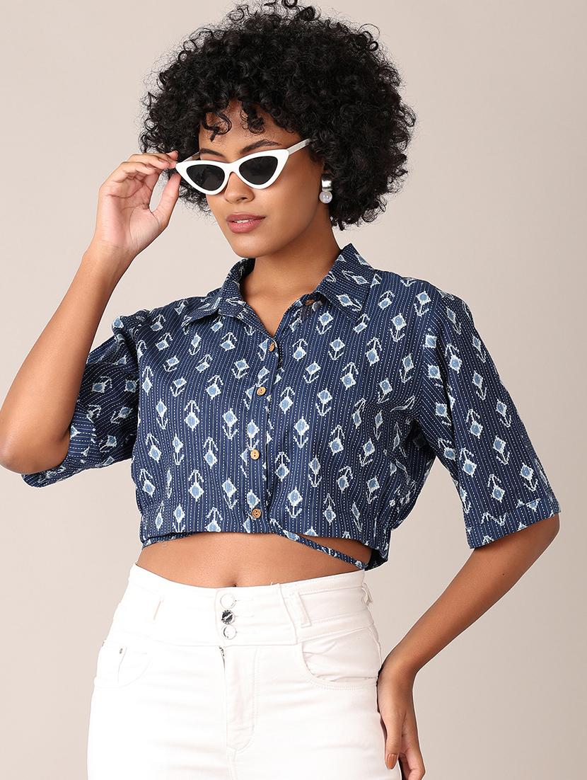 women printed collared crop top - 21527399 - Standard Image - 1