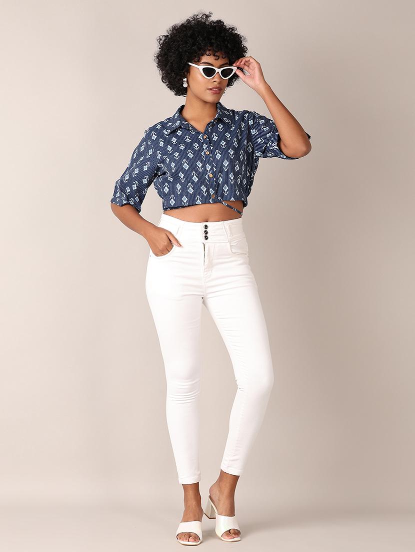 women printed collared crop top - 21527399 - Standard Image - 4
