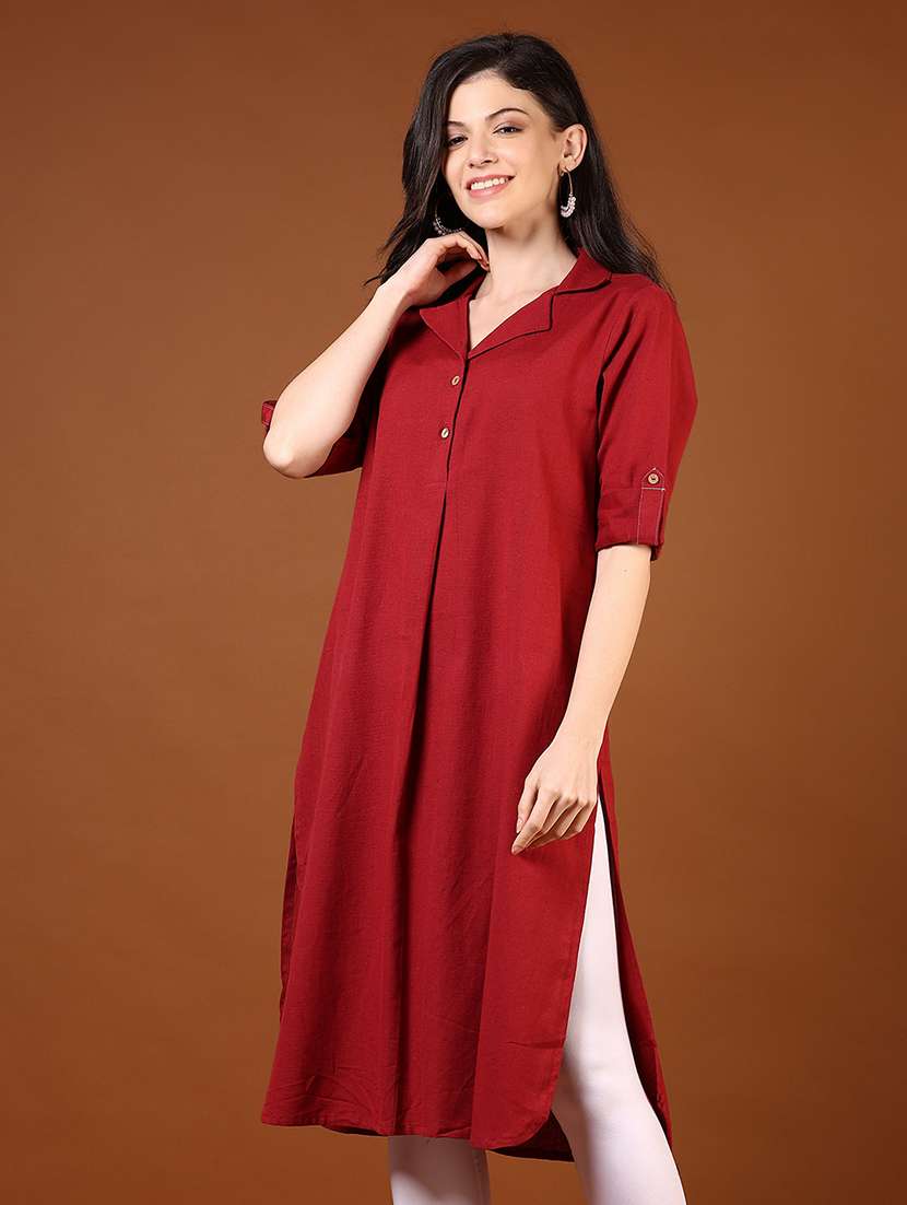 women solid roll-up sleeves straight kurta - 21527400 -  Standard Image - 1