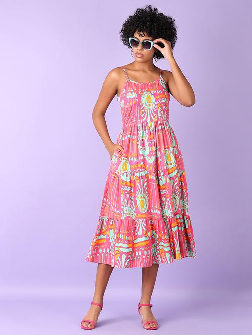 women pink printed sleeveless tiered dress - 21527402 - Standard Image - 0