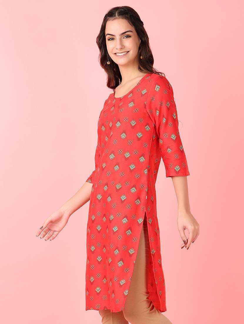 women three quarter sleeve straight kurta - 21527436 -  Standard Image - 1