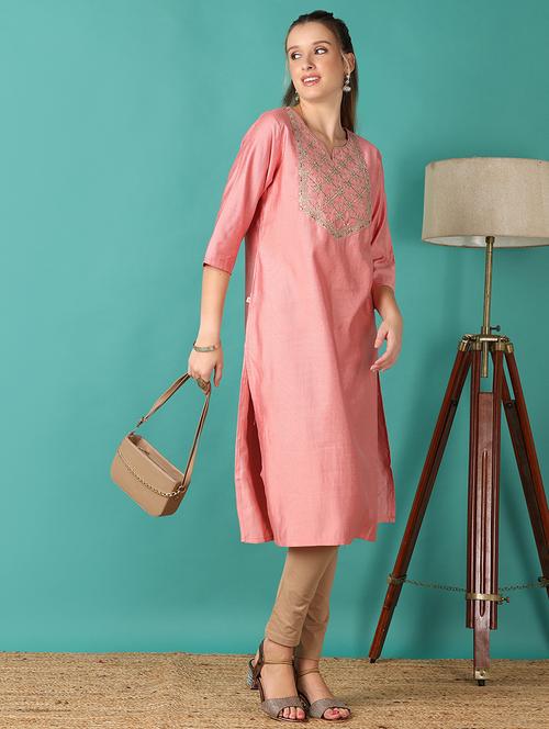 women embroidered three quarter sleeve straight kurta - 21527874 - Standard Image - 0