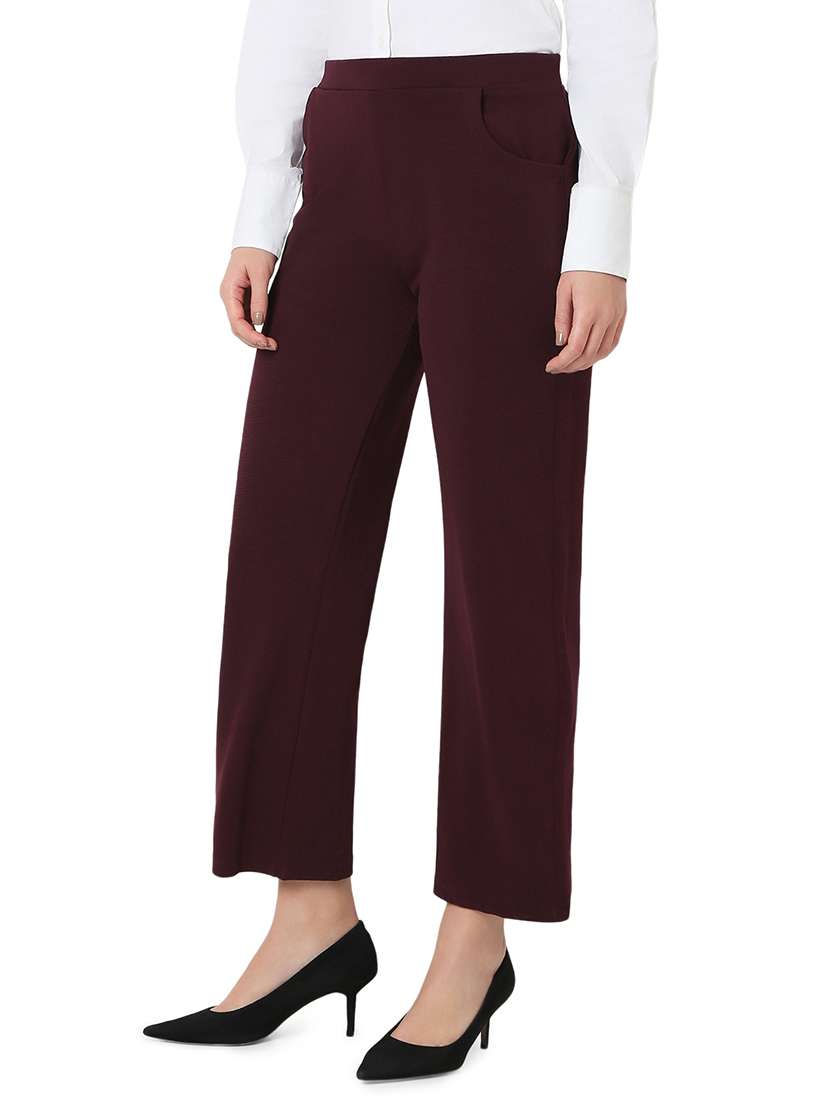 women burgundy cotton lycra tailored trouser - 21527958 -  Standard Image - 1