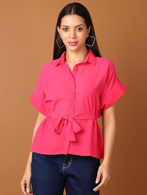 women pink solid collared neck shirt top - 21528163 -  Standard Image - 0