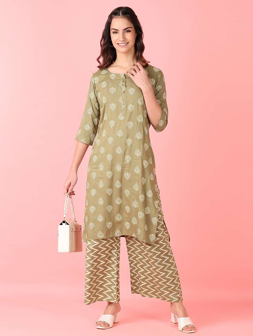 women olive printed kurta palazzo set  - 21528216 -  Standard Image - 1