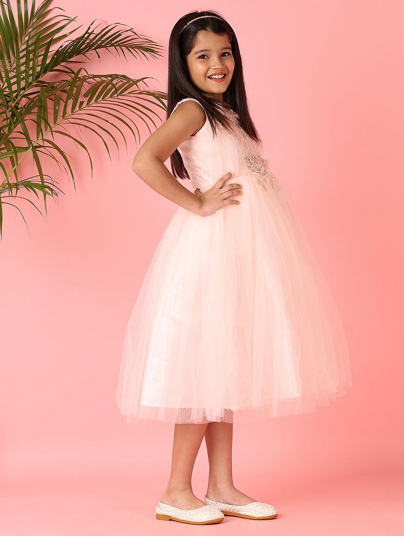 girls peach sequined work round neck frock - 21528244 - Standard Image - 1