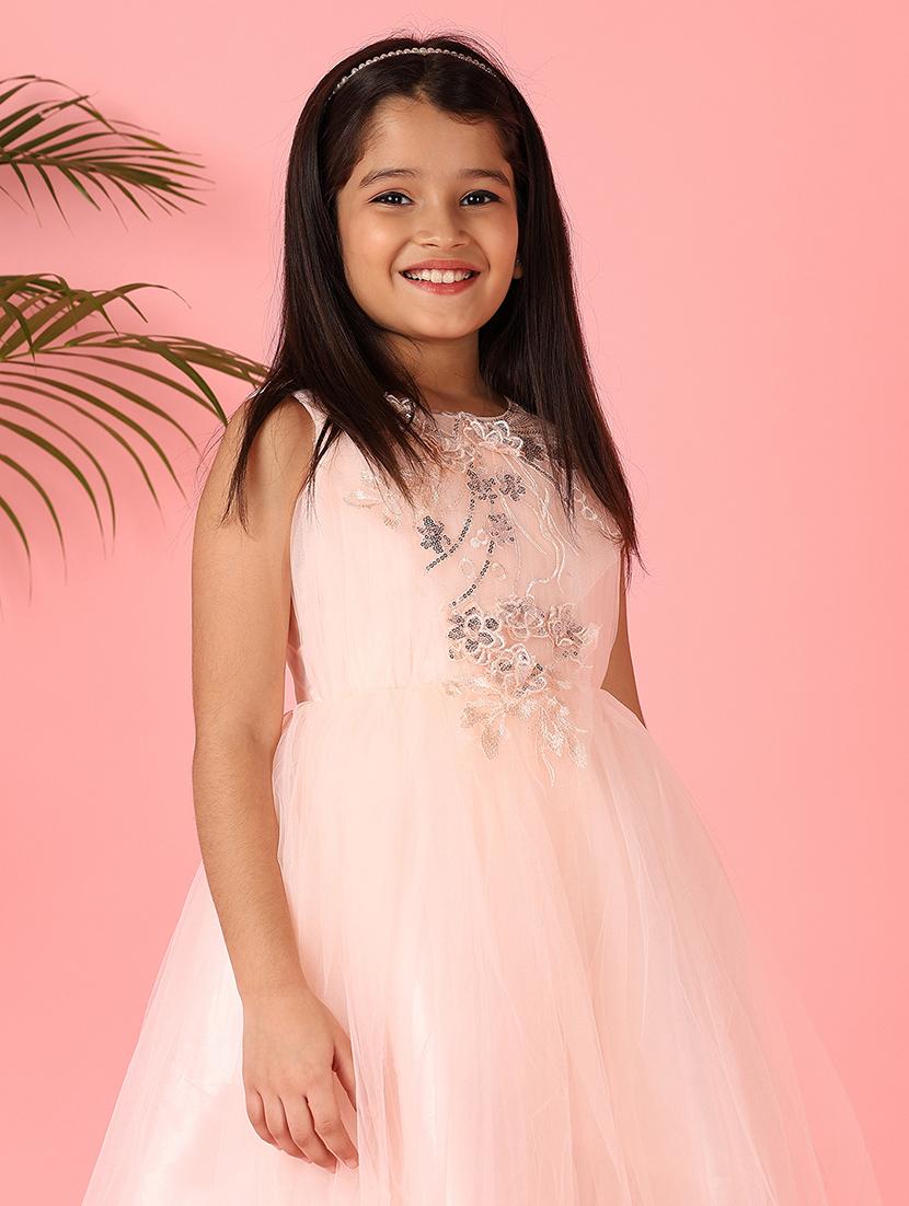 girls peach sequined work round neck frock - 21528244 - Standard Image - 4