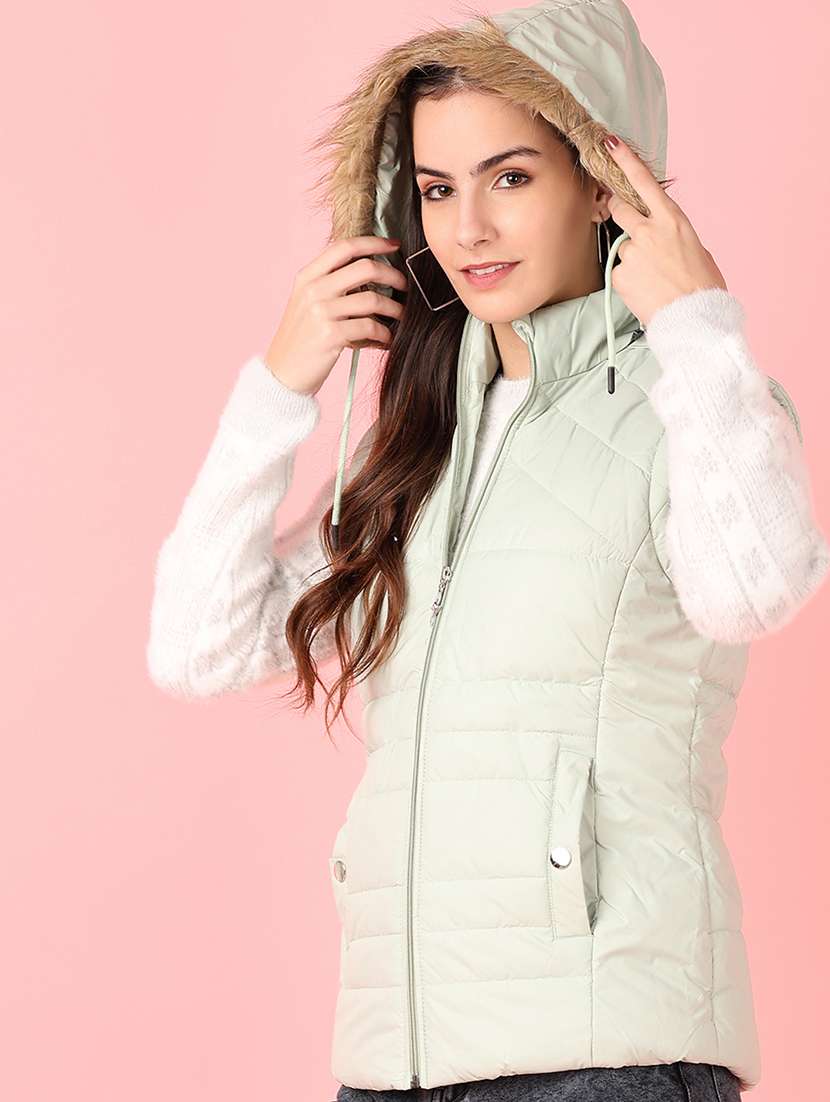 women solid sleeveless quilted hooded jacket - 21528763 -  Standard Image - 1