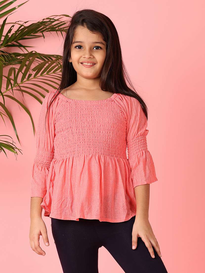 girls peach solid bell sleeve top