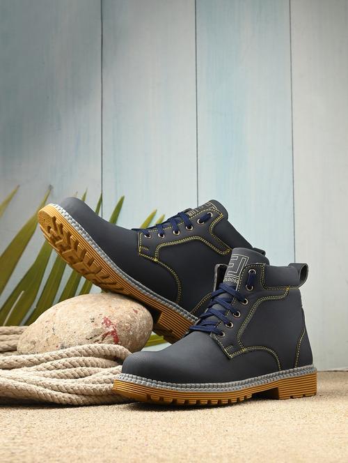 men solid blue lace up boots - 21529180 - Standard Image - 0