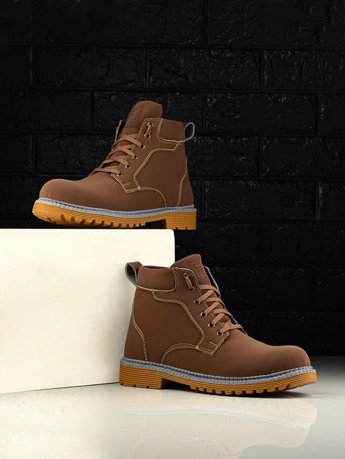 men solid brown lace up boots - 21529181 - Standard Image - 0