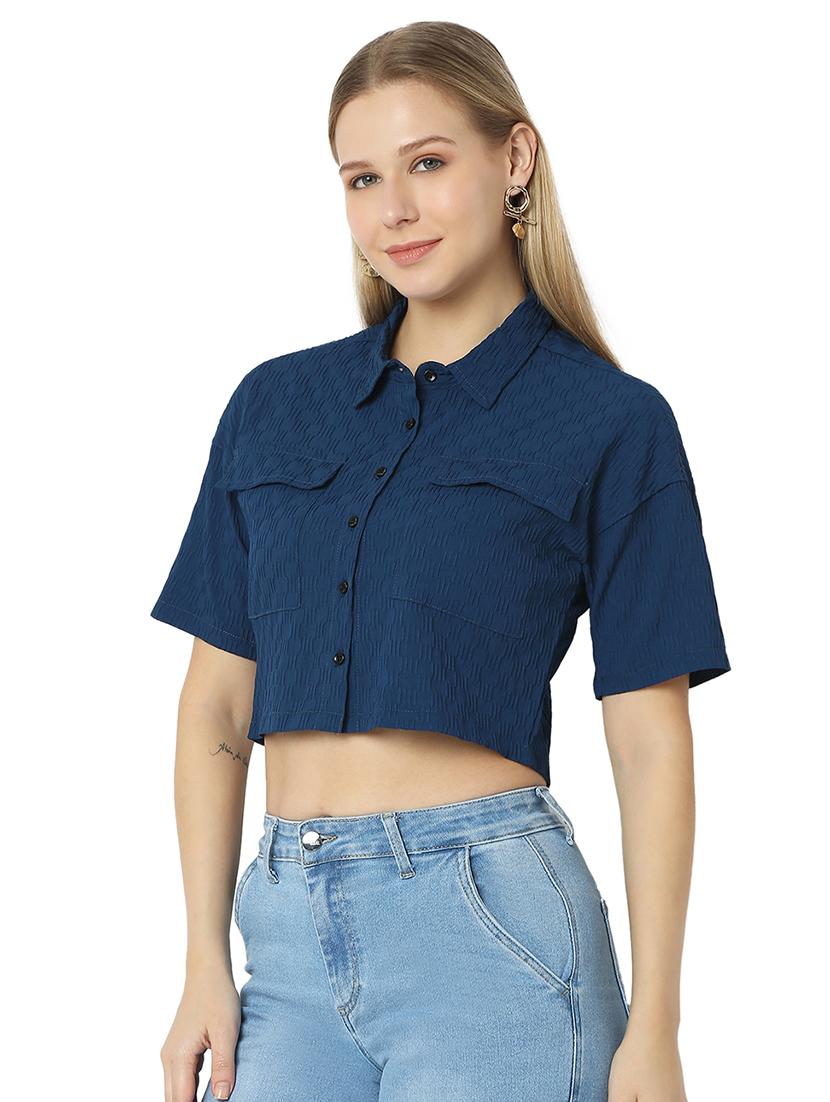 women navy blue polyester boxy shirt - 21529247 - Standard Image - 1