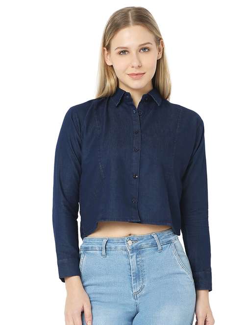 women navy blue denim boxy shirt - 21529251 -  Standard Image - 0