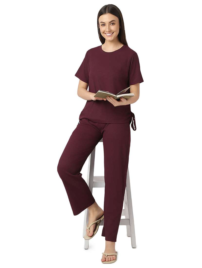 women burgundy cotton pyjama nightwear set - 21529263 - Standard Image - 4
