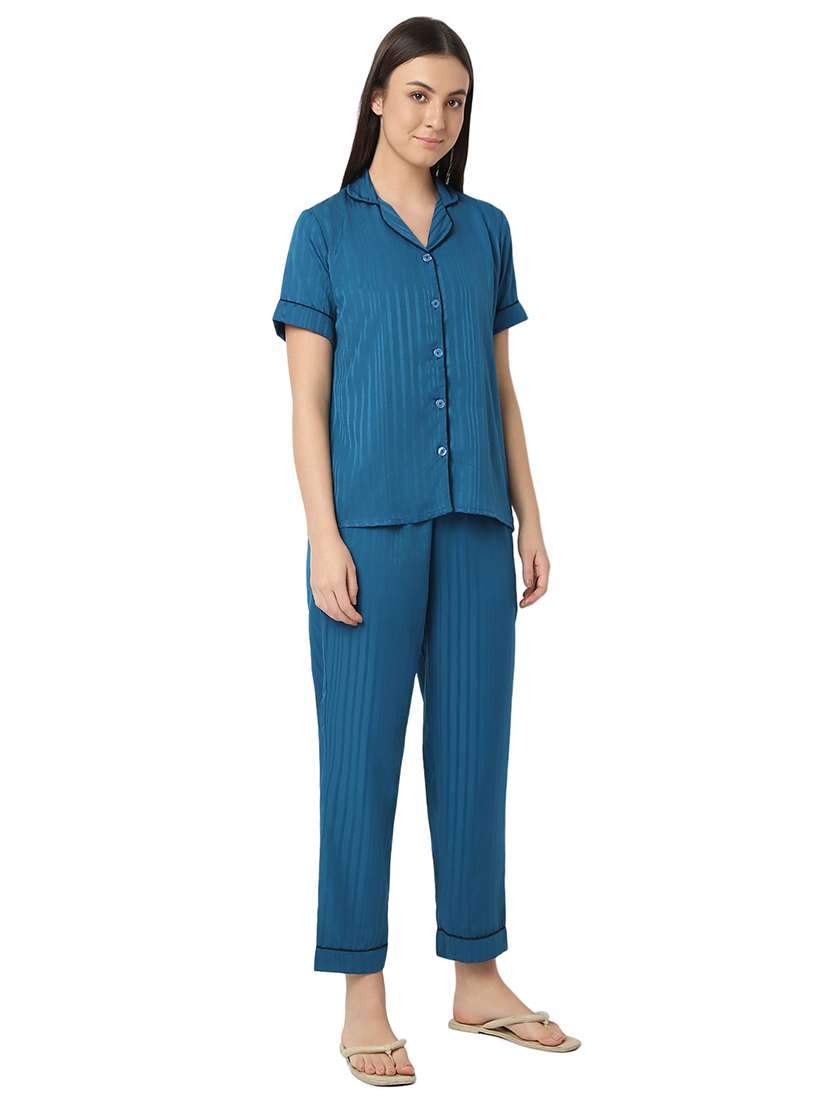 women blue satin pyjama nightwear set - 21529267 -  Standard Image - 1
