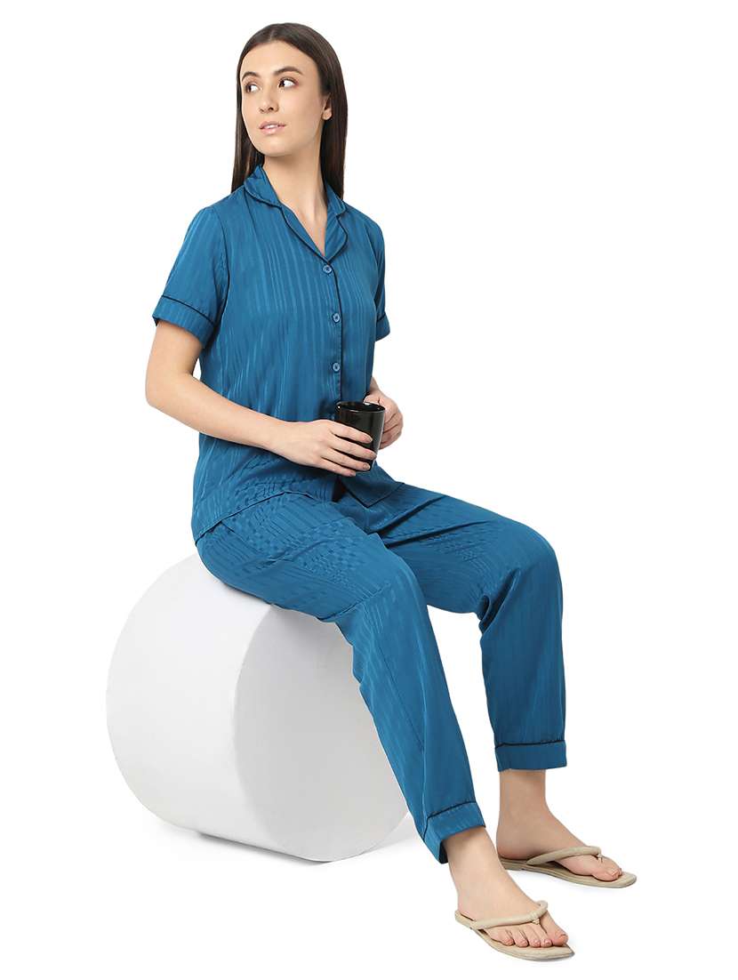 women blue satin pyjama nightwear set - 21529267 -  Standard Image - 4