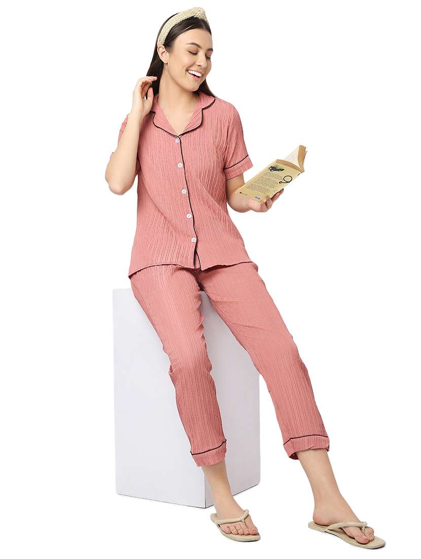 women peach polyester pyjama nightwear set - 21529275 -  Standard Image - 4