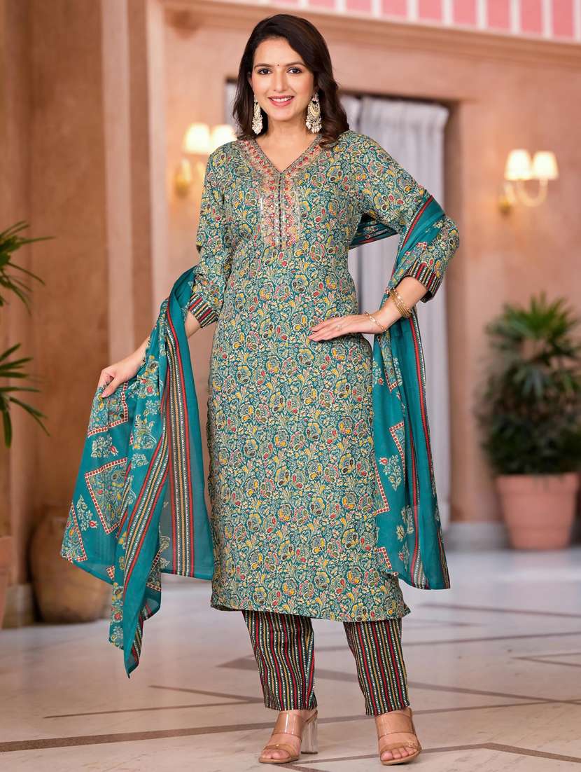 women printed three quarter sleeve suit set - 21529326 -  Standard Image - 1