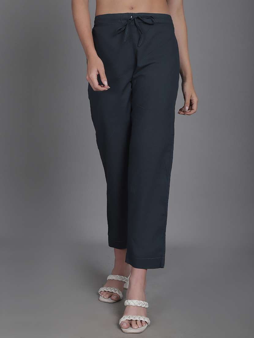 women solids ankle length flat front trouser