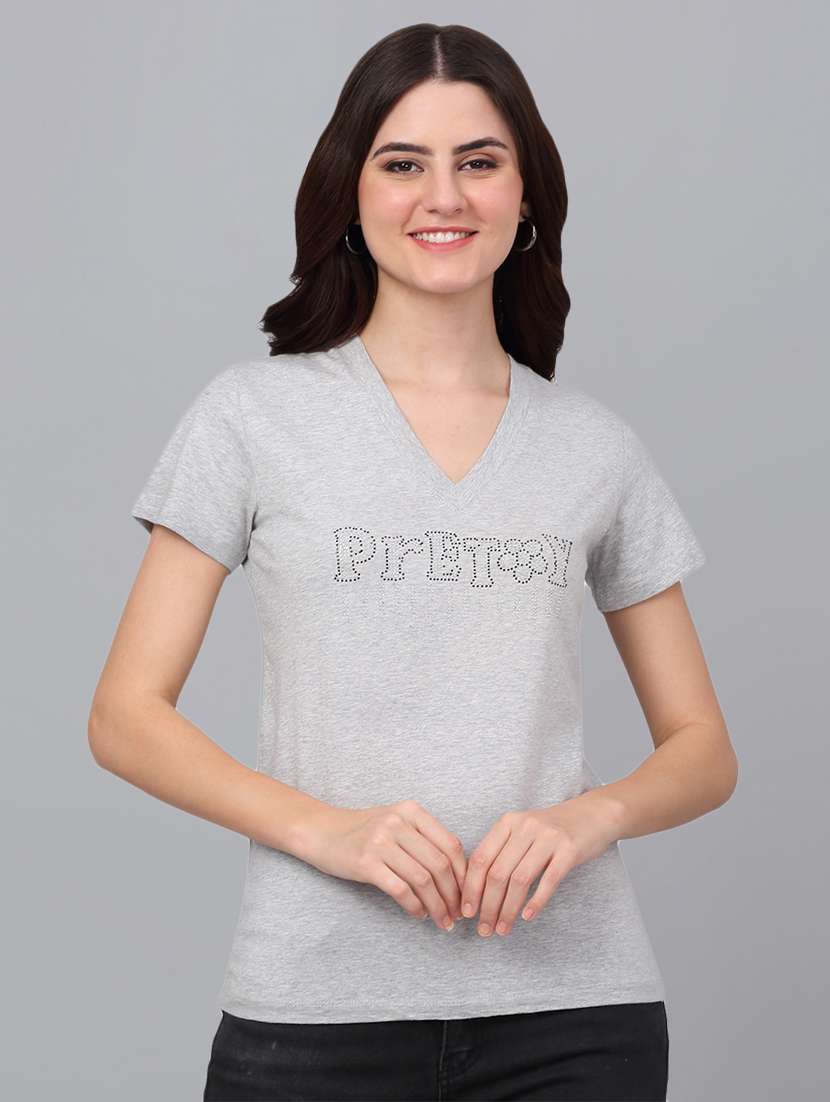 women grey cotton regular t-shirt