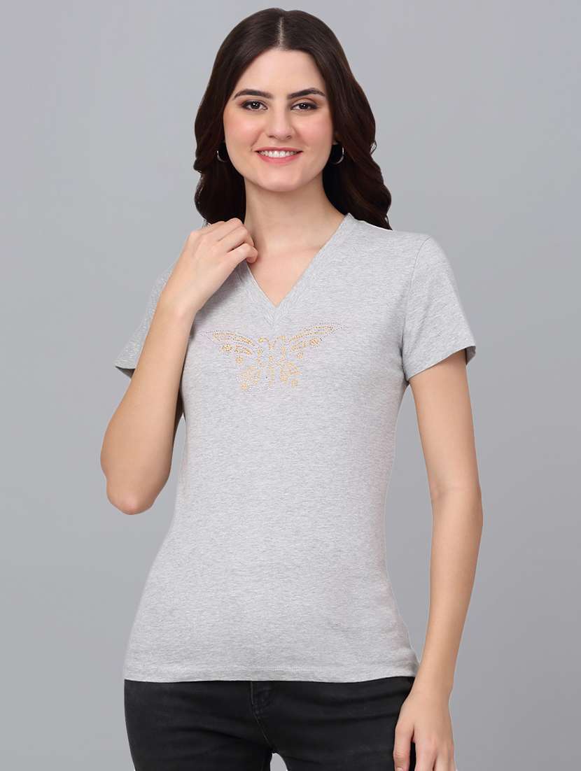 women grey cotton regular t-shirt