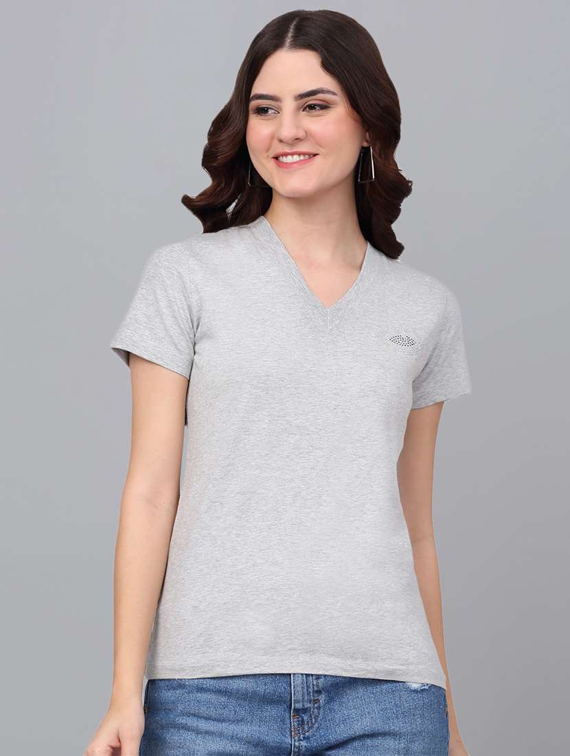 women grey cotton regular t-shirt